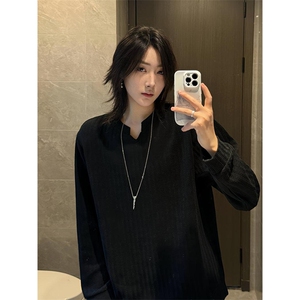 美式高街千鸟格子长袖T恤男女亨利V领英伦雅痞休闲宽松长袖打底衫图片