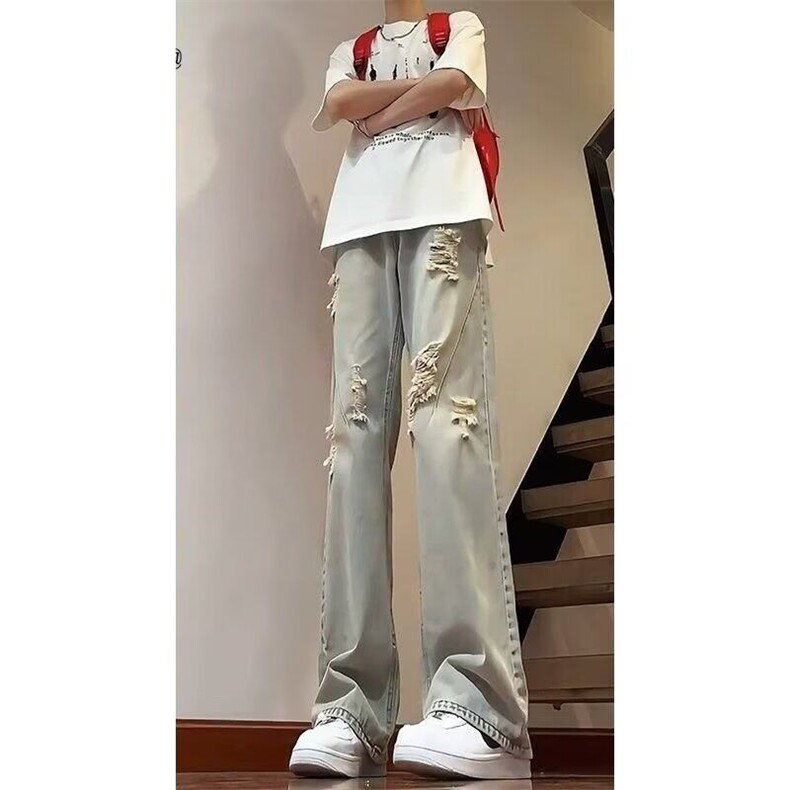 美式复古破洞牛仔裤男黄痞帅炸街高街vibe直筒微喇裤夏L70666-P45,男装牛仔裤,星座1008