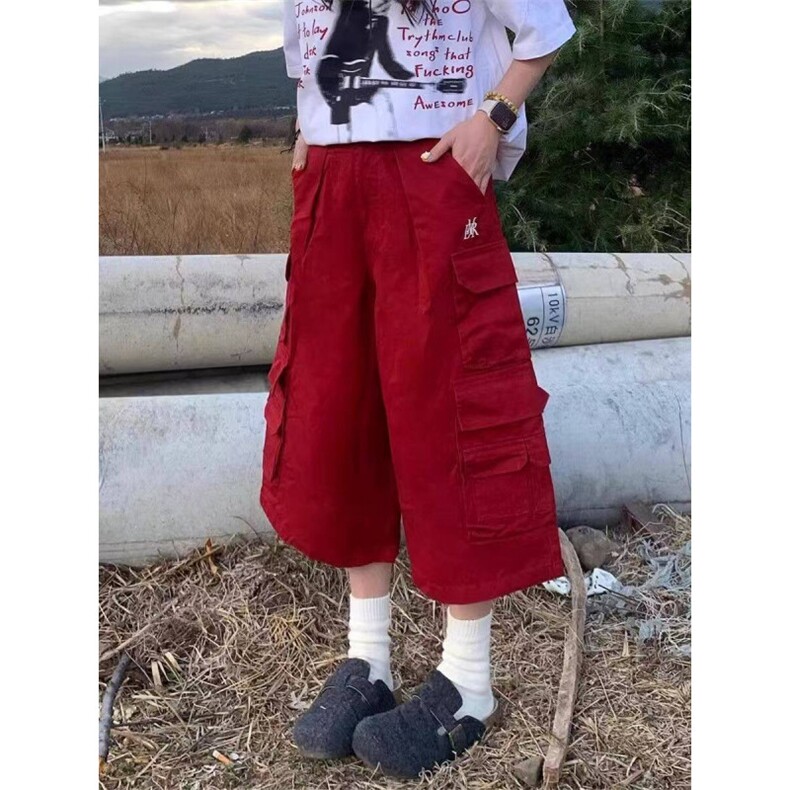 AK2297-P60美式复古红色工装七分牛仔裤夏季新款潮流阔腿裤图片