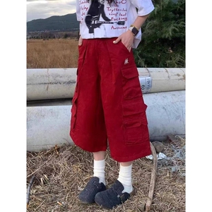 AK2297-P60美式复古红色工装七分牛仔裤夏季新款潮流阔腿裤图片