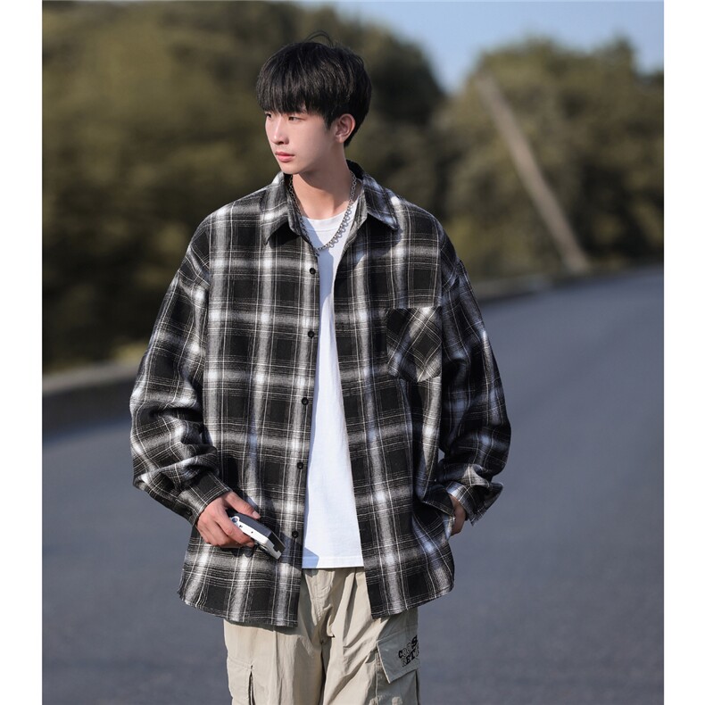 23新款大货格子衬衫男长袖宽松日系潮流港风外套CS7223P3558,男装衬衫,电商B413-1