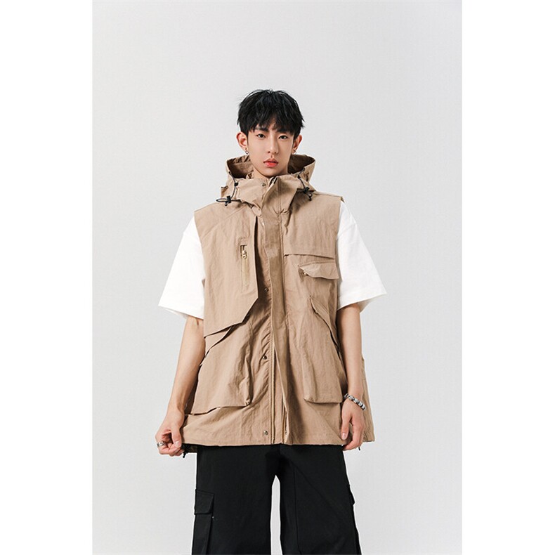 8XL-M 四季工装外套街头机能口袋连帽防水无袖马甲坎肩JK1316P78图片