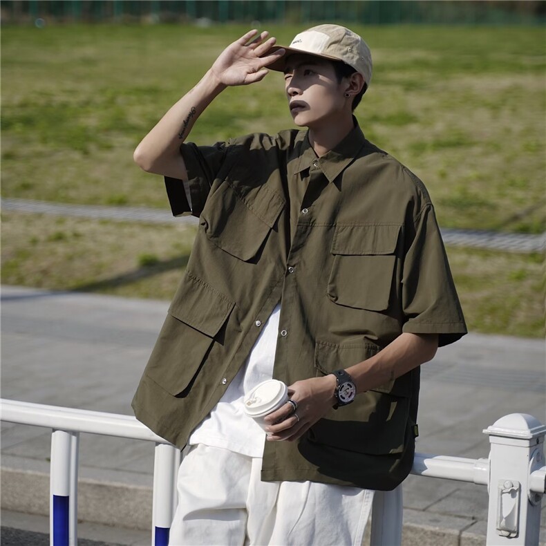五分袖纯色潮流气质百搭夏宽松型简约潮男新款时尚衬衫CY123-P39图片