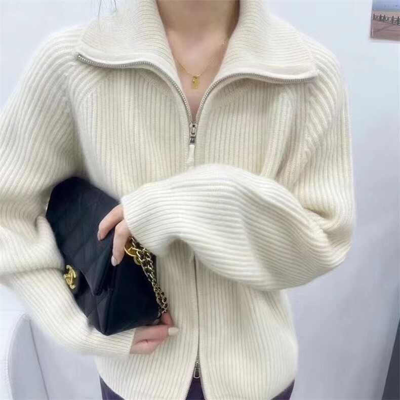 欧洲站双拉链羊毛针织开衫女宽松元宝针翻领加厚毛衣外套韩版上衣,女装羊毛衫,胜酷羊绒