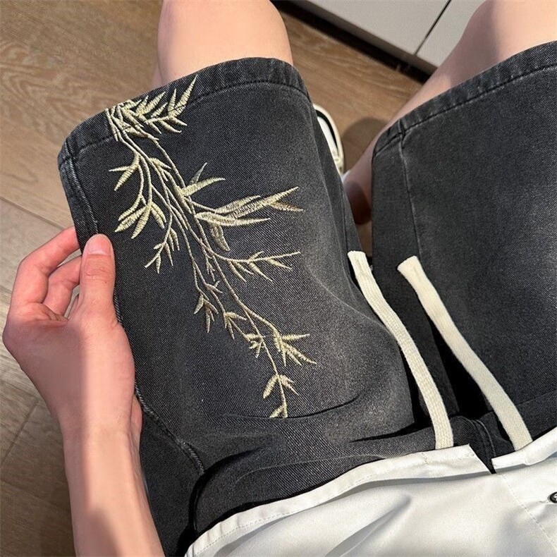 新中式刺绣风新款牛仔短裤夏季薄款宽松水洗五分裤DKK03-P36，男装牛仔裤，星座208-5