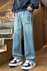 秋冬美式复古水洗印花高街直筒微喇牛仔裤A158-NZK069-P48，男装牛仔裤，电商A158