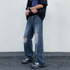 春夏破洞牛仔裤男装ins潮流宽松阔脚直筒裤子高街vibe长裤，男装牛仔裤，星座410-7