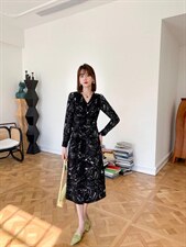 秋季新款韩版修身淑女气质高雅时尚连衣裙，女装连衣裙，荷塘月色