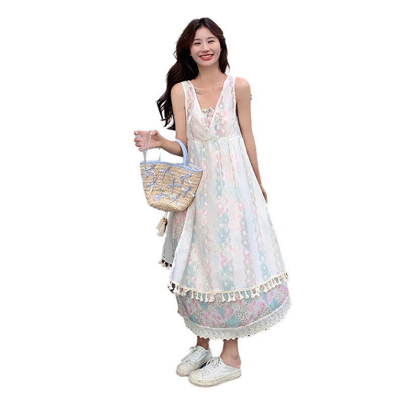 夏季穿搭一整套女2025新款慵懒度假风蕾丝罩裙碎花吊带长裙,女装连衣裙,C位