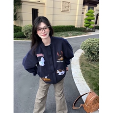 美式复古绣花棒球服开衫卫衣外套春秋2025新款学生宽松慵懒上衣，女装短外套，星座601-1