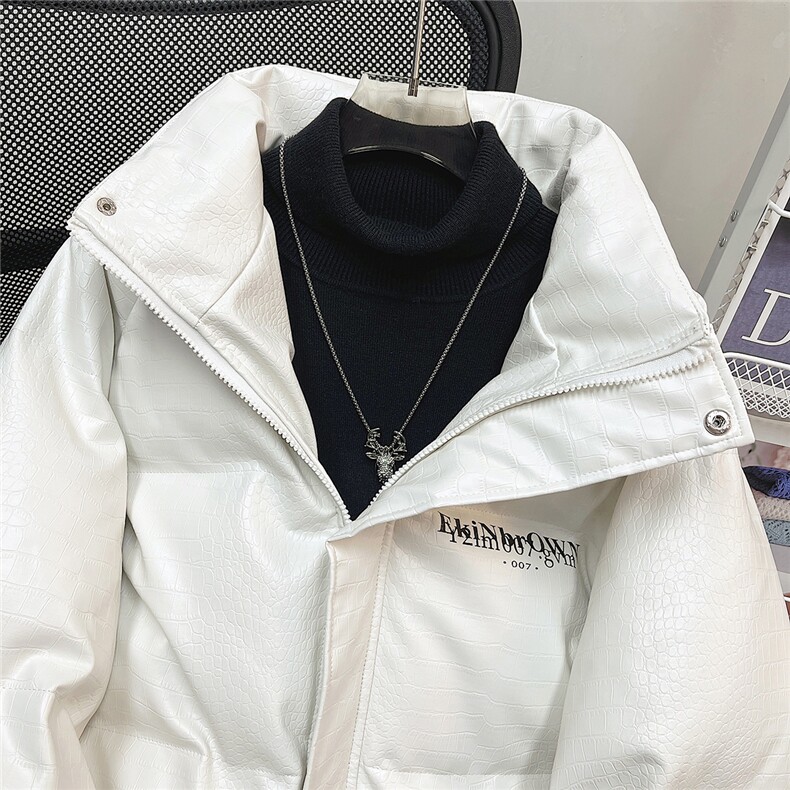 中性风平铺鳄鱼纹棉衣男手塞棉夹克PU皮棉服外套男8507P120控158图片
