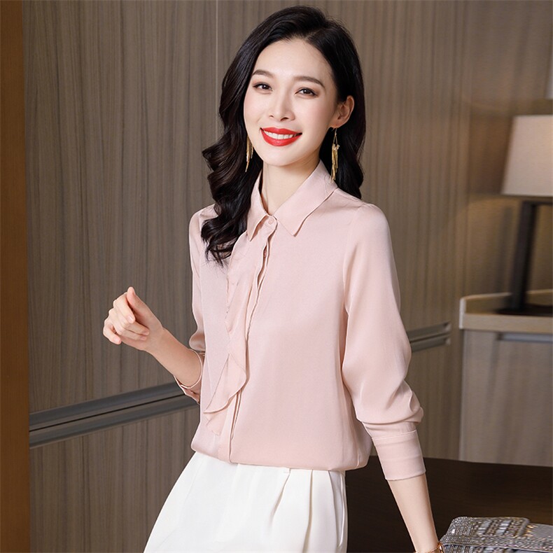 哑光真丝衬衫女式粉色气质百塔2026新款法式荷叶边长袖真丝上衣,女装衬衫,阿舍尔精品