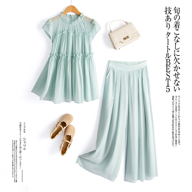 水衣源2729款纯色木耳边荷叶袖A字小衫阔腿裤冰爽套装女夏，女装套装/套裙，水衣源