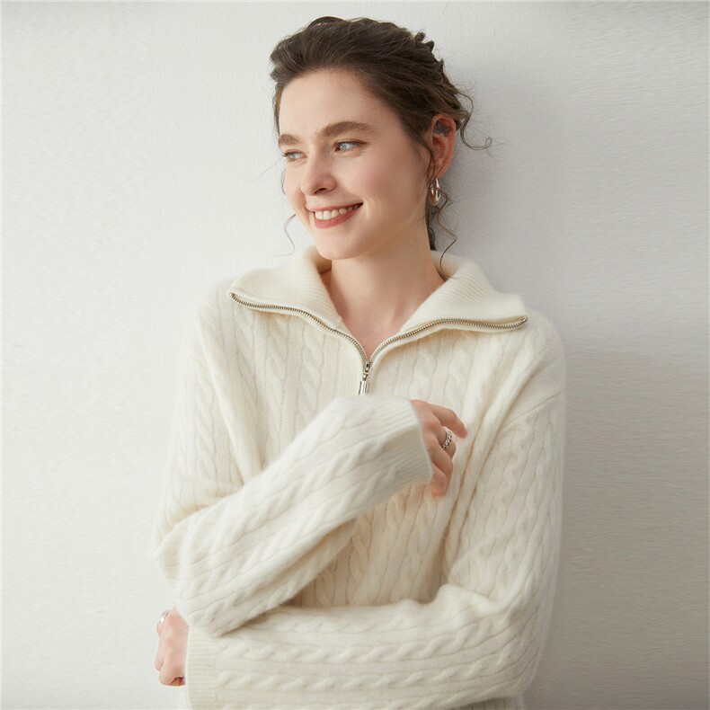 2025年秋季新款百搭女士7针半拉链扭花套头衫，女装羊绒衫，蒂暖羊绒