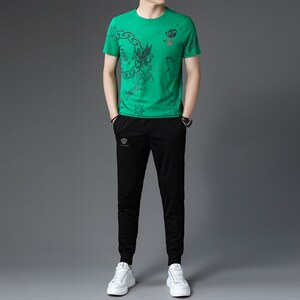 BJ9226夏季男式短袖长裤透气两件套运动休闲圆领修身t恤套装P143，男装休闲套装，电商B360