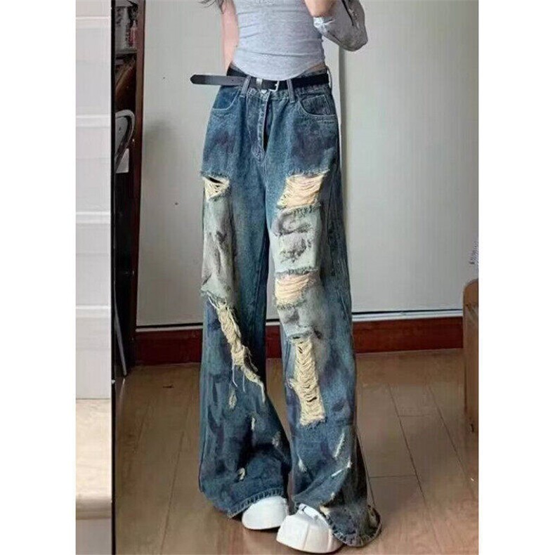破洞拖地牛仔裤女夏季新款美式复古辣妹直筒宽松阔腿裤L83422-P50,男装牛仔裤,星座1008
