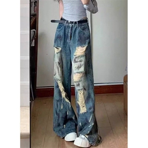 破洞拖地牛仔裤女夏季新款美式复古辣妹直筒宽松阔腿裤L83422-P50,淘电梯穿搭小个子辣妹图片