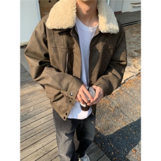 现货美式宽松浅棕色翻领拼接夹棉夹克男JK162/P100，男装夹克，星座205-3