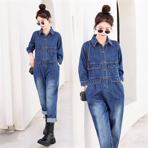 时尚显瘦牛仔连体裤女宽松高腰长袖休闲工装裤百搭气质女装，女装连体裤，秋水欣儿