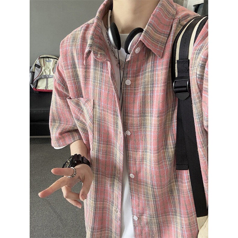GENIOLAMODE情侣格子衬衫短袖夏季男士复古冰丝宽松衬衣外套高街,男装T恤,电商A157B