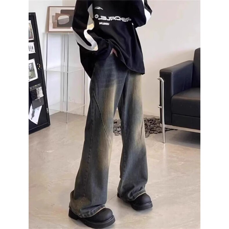 微喇叭美式复古黑灰牛仔裤男夏季高街做旧直筒宽松阔腿简约休闲裤，男装牛仔裤，星座506A