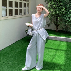 休闲气质盐系浅灰色无袖上衣阔腿裤套装女夏季ootd穿搭减龄两件套，女装套装/套裙，蝶眷