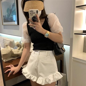 现货 夏款上衣欧根纱拼接针织图片