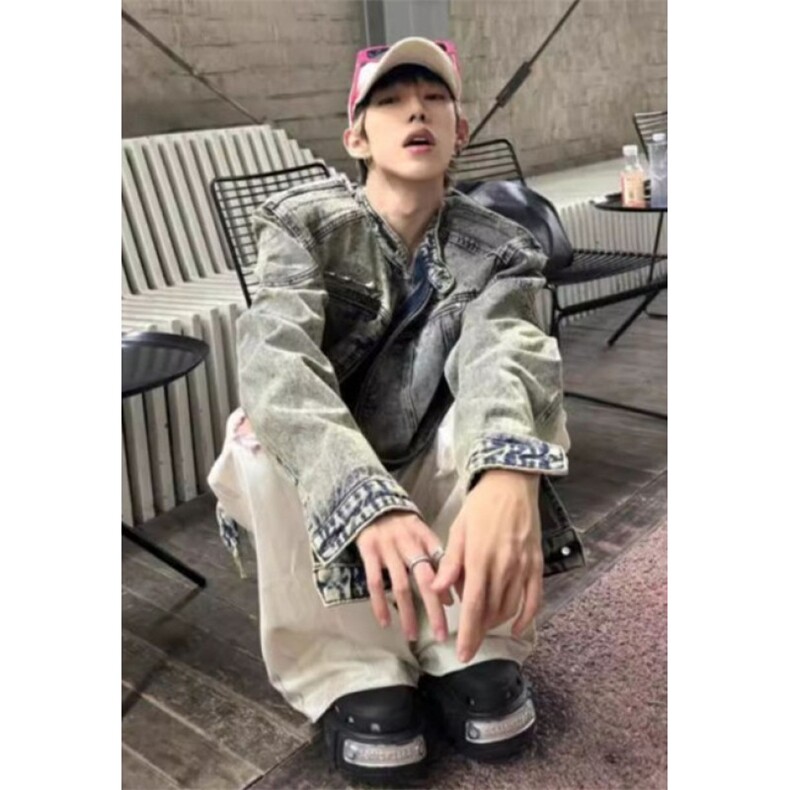做旧水洗垫肩短款拼接牛仔外套潮牌金属设计感无领夹克男JN1224,男装工装外套,星座1116A（原606A-3）
