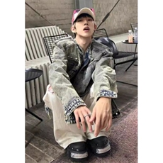 做旧水洗垫肩短款拼接牛仔外套潮牌金属设计感无领夹克男JN1224，男装工装外套，星座1116A（原606A-3）
