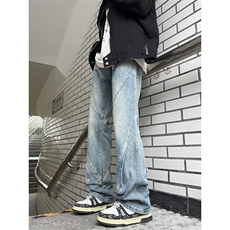 港风秋款男牛仔裤工装拼接款渐变色直筒宽松长裤NK505P50，男装牛仔裤，星座1013-1