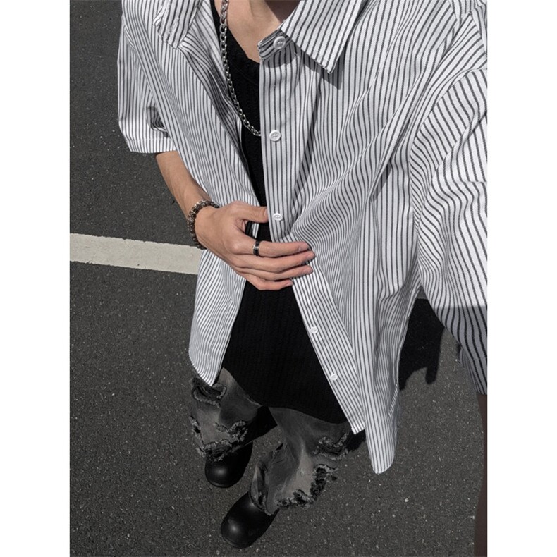 B221美式ins高街宽松薄款条纹短袖衬衫SY2552-特P28控49,男装T恤,电商B221