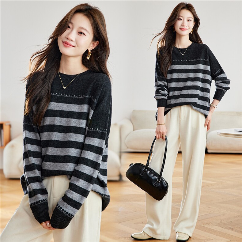 2025秋冬新款100%羊毛条纹拼色针织衫女宽松圆领套头毛衣慵懒风，女装羊毛衫，艾米