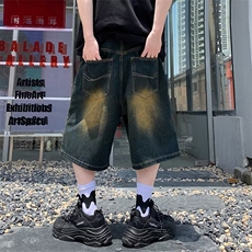 牛仔短裤男女夏季薄款渐变色水洗做旧直筒潮牌宽松休闲五分中裤，男装牛仔裤，星座601-2