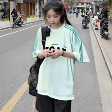 抖音得物品质二开240克宽松纯棉美式潮牌印花三条杠中性风短袖T恤，男装T恤，电商A486-1