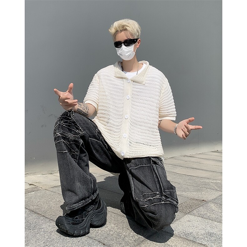 男士t恤短袖夏镂空翻领单排扣针织衫冰丝T恤T552P45,男装T恤,星座1013-1