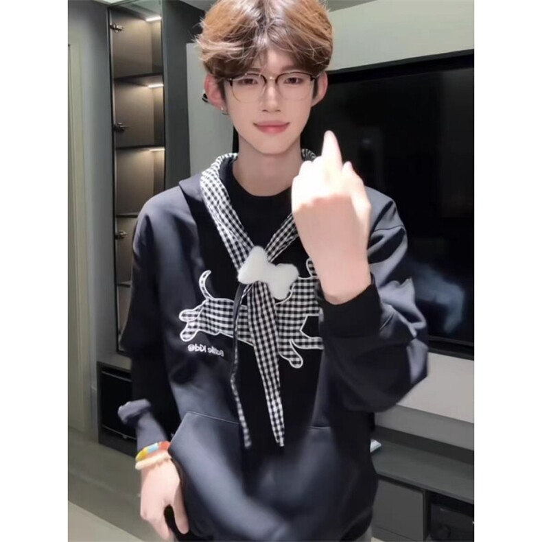 DD309P65美式刺绣小狗格子绑带连帽卫衣男秋百搭宽松慵懒风上衣潮,男装卫衣,电商B323A