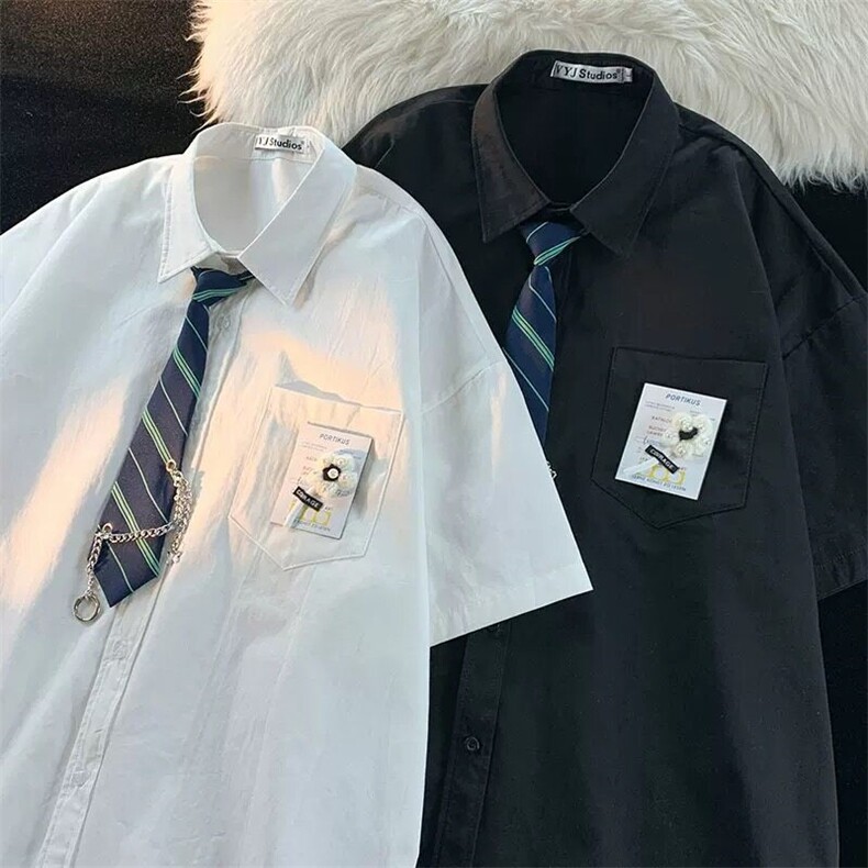 【有货】DH80-特P35配领带跟胸花短袖白衬衫学院风jk衬衣图片