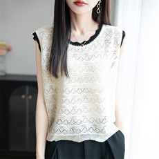 小香风竹节麻冰丝吊带背心女夏季圆领针织镂空花边无袖上衣打底衫，女装T恤，菲奥羊绒