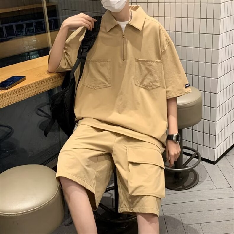 夏季潮牌日系cityboy工装运动套装男短袖翻领T恤两件套TZ404-P46,男装休闲套装,星座1008