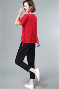 2022时尚棉麻两件套装女上衣T恤抽绳显瘦宽松大码九分裤女图片