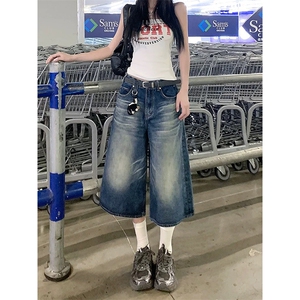 AK2288-P50美式夏季2026新款高腰宽松阔腿七分牛仔短裤图片