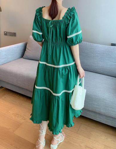夏季新款复古绿泡泡袖法式少女连衣裙，女装连衣裙，水锦红