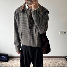 格纹腔调复古黑白格子舒适松弛感翻领短款夹克外套网JK704-P83，男装夹克，星座1001-1