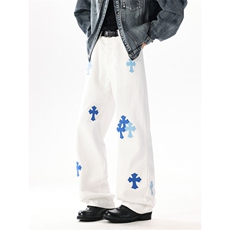 美式复古十字架贴皮设计牛仔裤潮流宽松休闲直筒裤，男装皮裤，星座410-6（原星座1304-1）