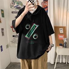 LD54171-P45连帽短袖t恤男大码胖子带帽五分袖中袖海报风，男装T恤，电商A040