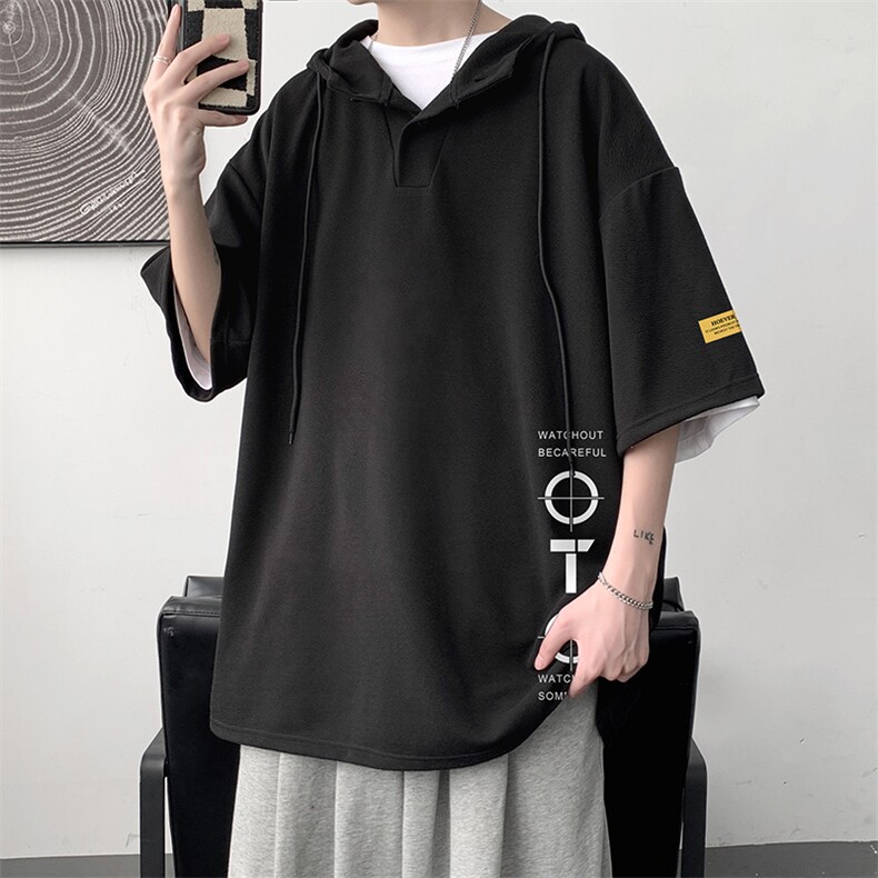 LD54114-P45连帽短袖t恤男大码胖子带帽五分袖中袖大皂风,男装T恤,电商A040