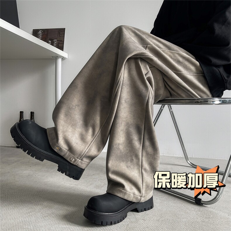 加厚保暖潮牌直筒拖地阔腿裤扎染脏脏布纽扣收脚毛呢裤男7991-P65图片