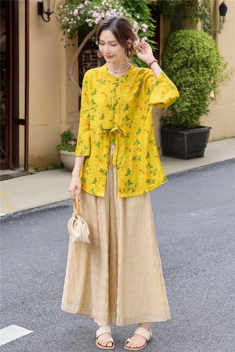新中式印花宽松喇叭袖小衫配裙裤时尚气质两件套女,女装套装/套裙,水衣源