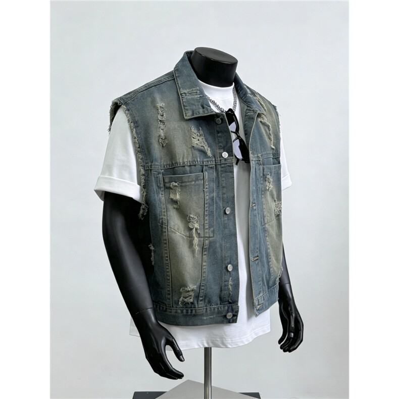 春夏水洗磨毛边短款牛仔马甲男无袖宽松潮流帅气坎肩上衣JK8942，男装背心/马甲，星座208-5
