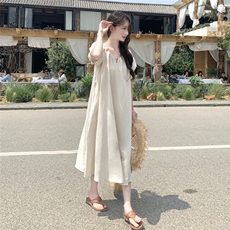 【新款】中长款杏色短泡泡袖套头连衣裙1C042-P135-K205，女装连衣裙，安在秀